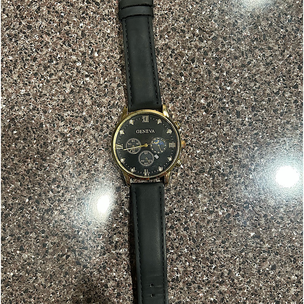 Mens Gold And Black Geneva Watch With Leather Strap
